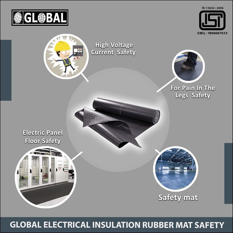 GLOBAL PREMIUM GLOBAL PREMIUM Electrical Insulation Rubber Mat 33KV Class A 1x1 Meter 2mm Thickness AntiSkid Multipurpose Shock Proof Mat ISI Certified Black  - Image 3