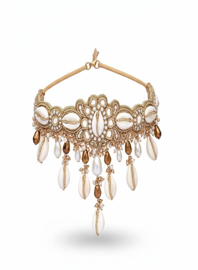 SANJOYA by EVERSTYLISH Embroidered Choker Necklace for Women | Shells, Beads & Glass Drop Statement Jewelry | Ethnic & Festive Neckpiece for Weddings & Special Occasions - Image 1