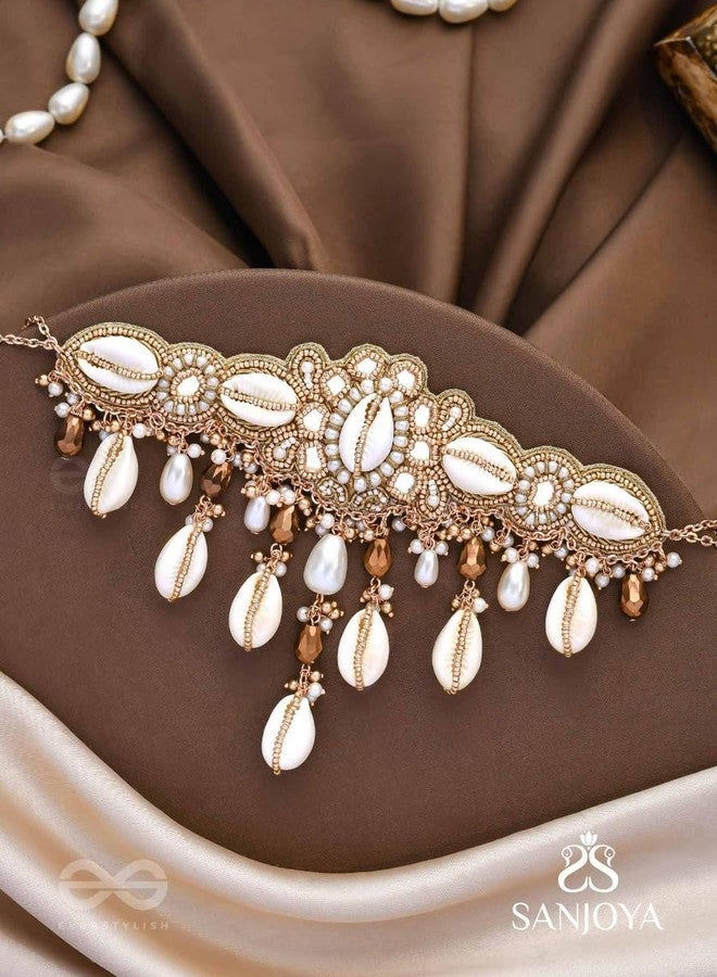 SANJOYA by EVERSTYLISH Embroidered Choker Necklace for Women | Shells, Beads & Glass Drop Statement Jewelry | Ethnic & Festive Neckpiece for Weddings & Special Occasions - Image 4