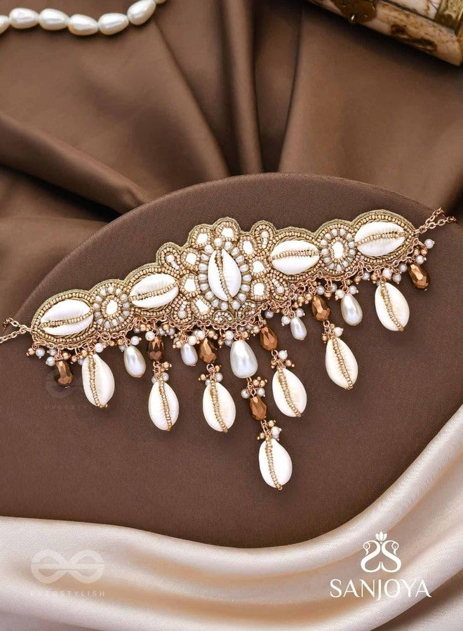 SANJOYA by EVERSTYLISH Embroidered Choker Necklace for Women | Shells, Beads & Glass Drop Statement Jewelry | Ethnic & Festive Neckpiece for Weddings & Special Occasions - Image 3