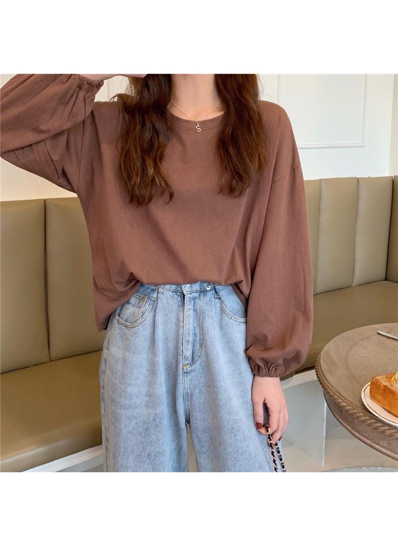 Generic Spring Thin Solid Color Base Layer Top Korean Style Student Couple Lantern Sleeve Fit Thin Pullover Sweatshirt Sleeve T-shirt Brown 