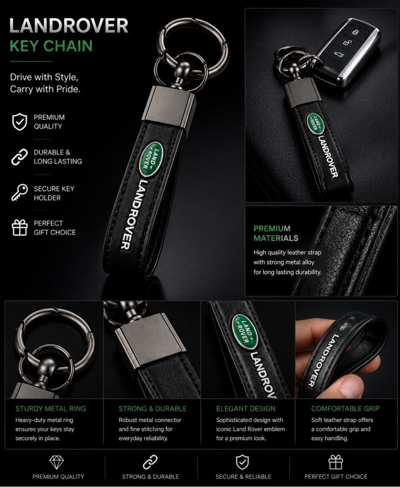 LAND ROVER Premium PU Leather Car Keychain with Zinc Alloy Metal Ring | Luxury Automotive Style Key Holder | Durable Key Organizer for Car, Home & Office Keys | Black - Image 3