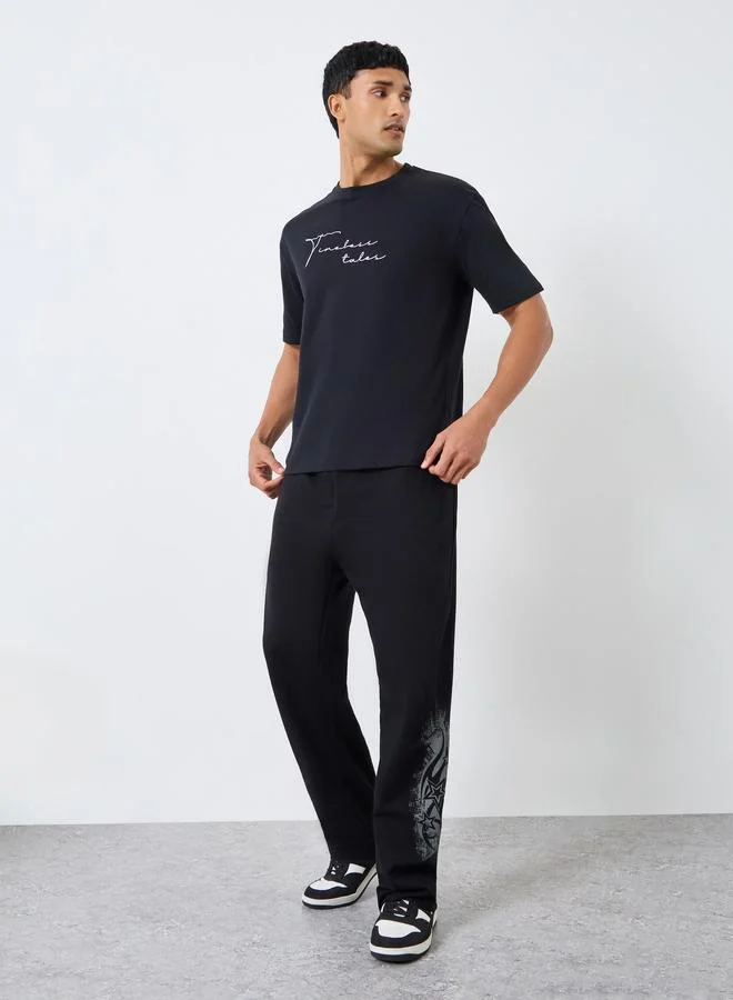 Styli Men Black Printed Oversized Joggers