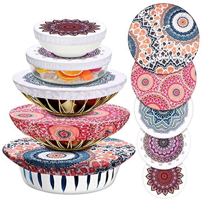 Patelai 10 Pcs Bowl Covers Reusable in 5 Size Stretch Cloth Fabric Elastic Food Storage Bowl Covers Bread Sourdough Lids for Proofing Food Fruits Leftover(Warm Color,Retro Style) - Image 1