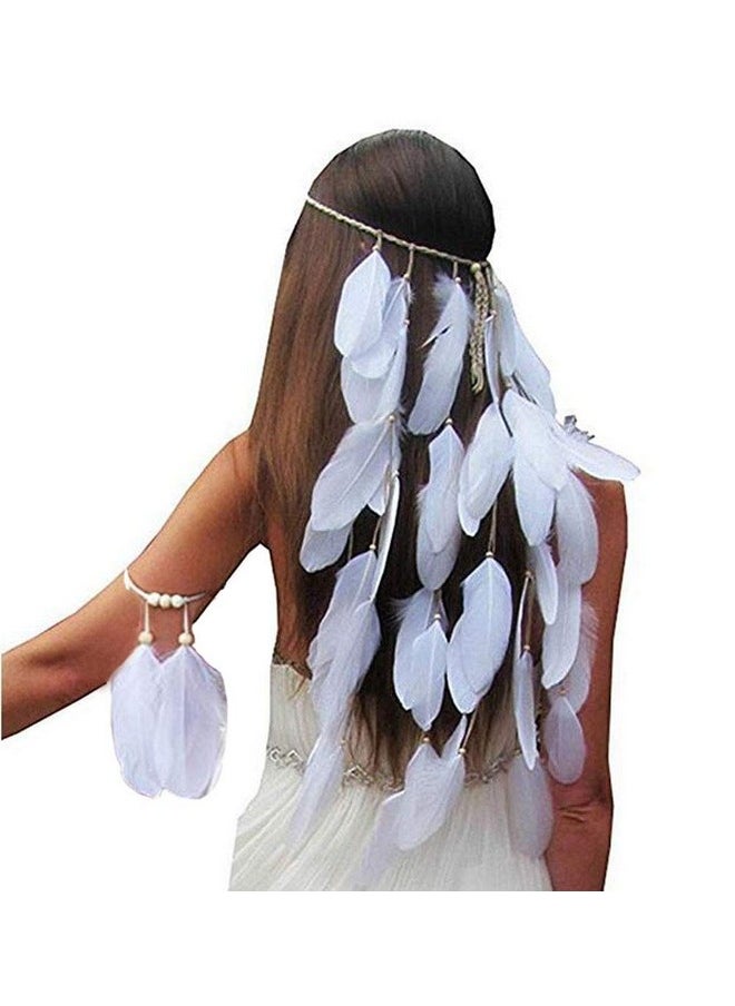 Suoirblss Set Of 2 White Gypsy Hippie Peacock Headwear Headdress With Armband Bohemian Feather Tassels Headband Woman Lady Favorite Hair Accessories  - Image 1