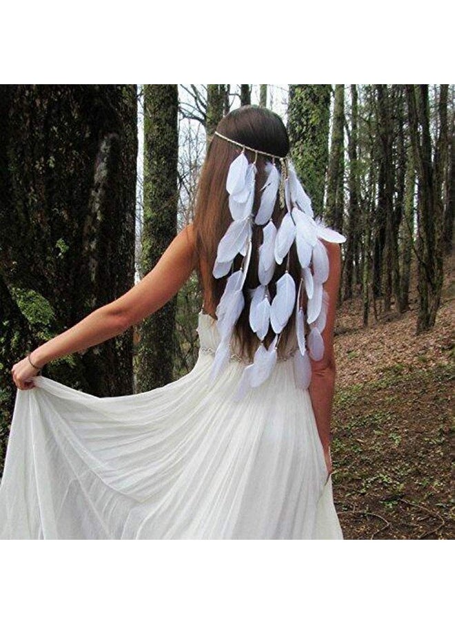 Suoirblss Set Of 2 White Gypsy Hippie Peacock Headwear Headdress With Armband Bohemian Feather Tassels Headband Woman Lady Favorite Hair Accessories  - Image 2