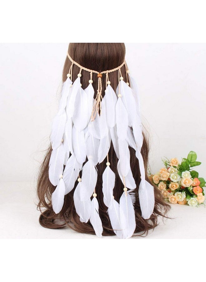 Suoirblss Set Of 2 White Gypsy Hippie Peacock Headwear Headdress With Armband Bohemian Feather Tassels Headband Woman Lady Favorite Hair Accessories  - Image 3