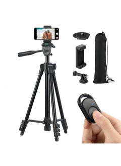 Camera Mount Phone Tripod Stand: 51-Inch 130cm Lightweight Travel Tripod for iPhone with Remote & Phone Holder & GoPro Adapter Compatible with iPhone & Android Cell Phone | Matte Black