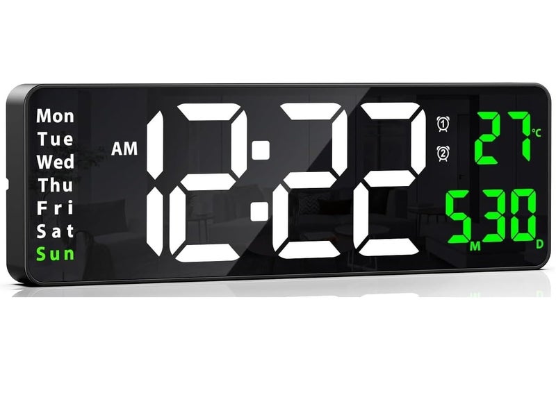 GREEVA Digital Wall Clock with Remote Control Large Display LED Alarm Clock Timer with Temperature Calendar WirelessDate and TimeAuto Dimming BrightnessClock for Office Living Room WhiteGreen