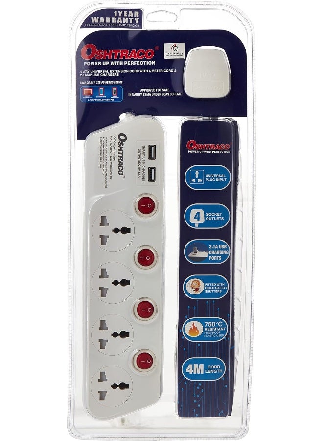OSHTRACO كابل تمديد مع مفتاح 4 طرق من أوشتراكو بطول 4 متر و 2.1A USB - Image 1