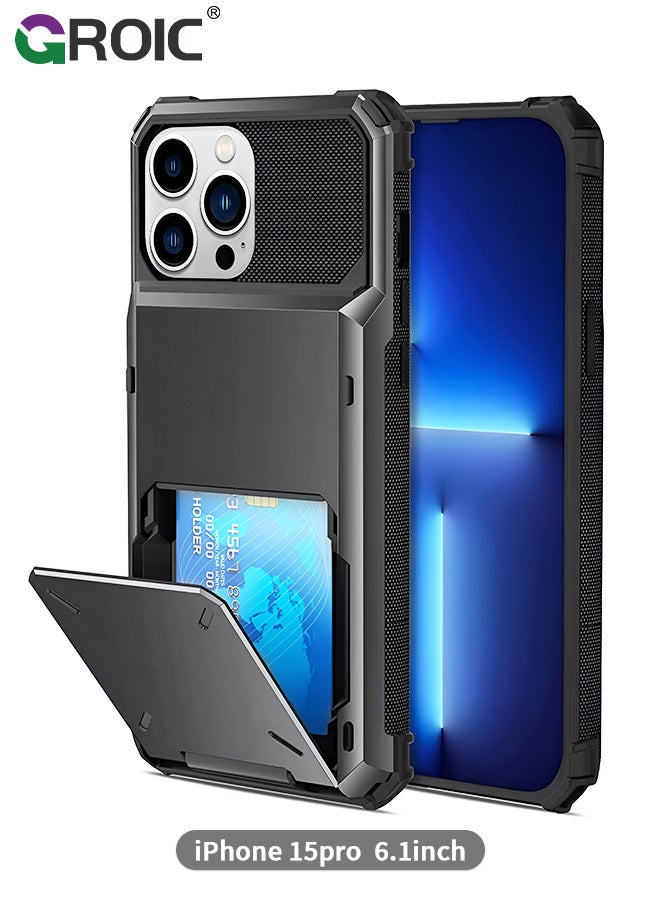 GROIC iPhone 15 Pro Gray Case Wallet Flip Cover 5 Card Back Pocket Credit Card Holder ID Slot Dual Layer Rugged TPU Bumper Hard Protective Armor Hybrid Shell for iPhone 15 Pro  - Image 1