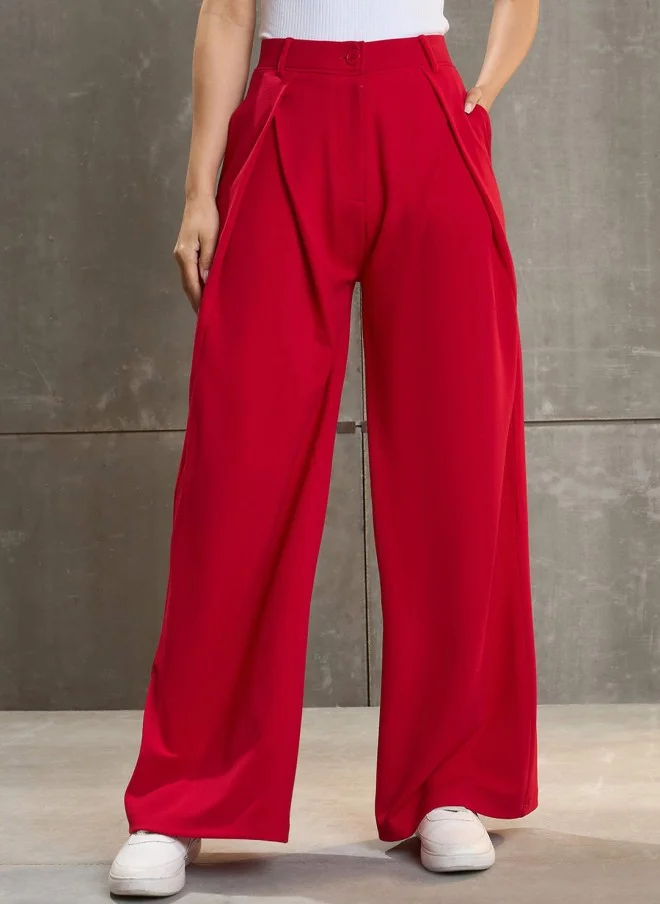 SASSAFRAS Red High-Rise Loose Fit Wide Leg Trousers for Women