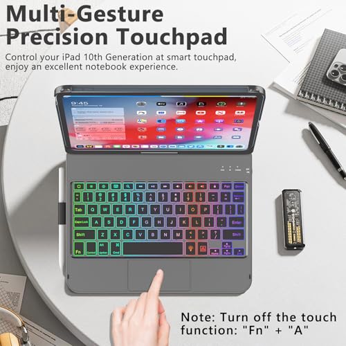 FUWANG Touch Keyboard Case for iPad (A16) 11th Generation 11 inch 2025 &10th Gen 10.9 inch 2022, 360° Rotate for iPad 10th Generation Case with Keyboard, Backlit Keyboard Case with Pencil Holder, Gray - Image 3