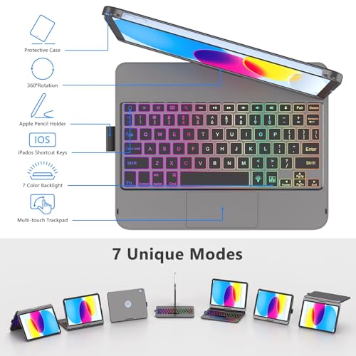 FUWANG Touch Keyboard Case for iPad (A16) 11th Generation 11 inch 2025 &10th Gen 10.9 inch 2022, 360° Rotate for iPad 10th Generation Case with Keyboard, Backlit Keyboard Case with Pencil Holder, Gray - Image 4