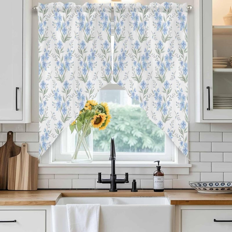 Watercolor Floral Swag Valances Kitchen Curtains 36 Inches Length, Tier Drapes Swag Topper, Blue Flowers Leaves Botanical Spring Short Window Treatments for Doorway Bathroom 2 Panels 36"x36" - Image 3