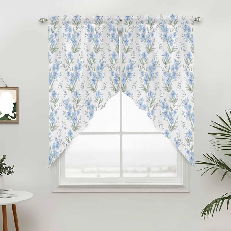 Watercolor Floral Swag Valances Kitchen Curtains 36 Inches Length, Tier Drapes Swag Topper, Blue Flowers Leaves Botanical Spring Short Window Treatments for Doorway Bathroom 2 Panels 36"x36" - Image 2