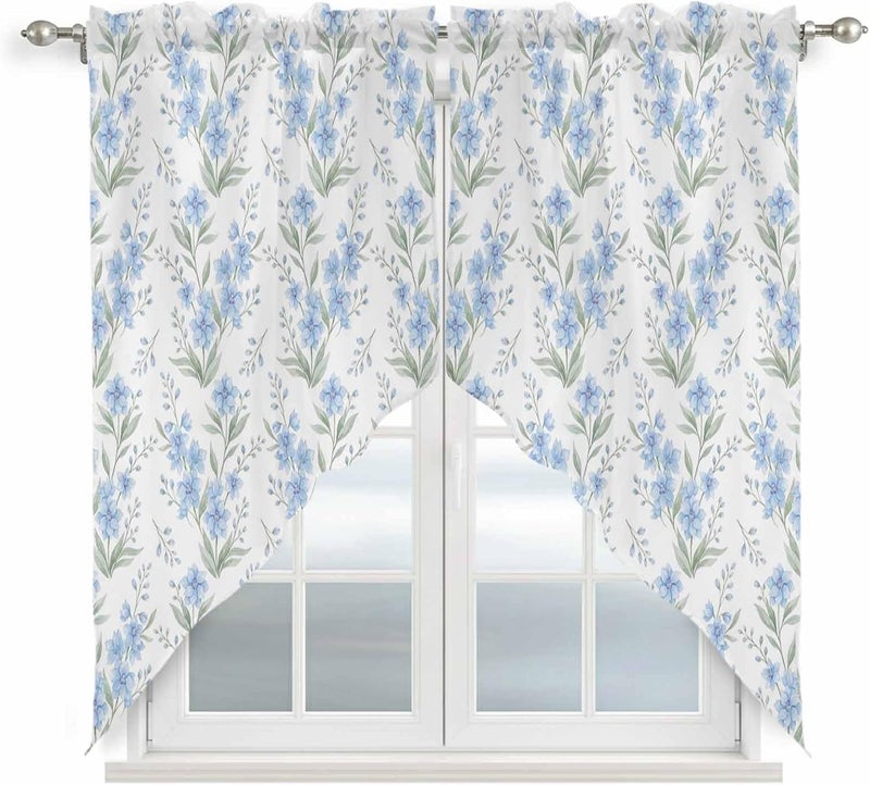 Watercolor Floral Swag Valances Kitchen Curtains 36 Inches Length, Tier Drapes Swag Topper, Blue Flowers Leaves Botanical Spring Short Window Treatments for Doorway Bathroom 2 Panels 36"x36" - Image 1