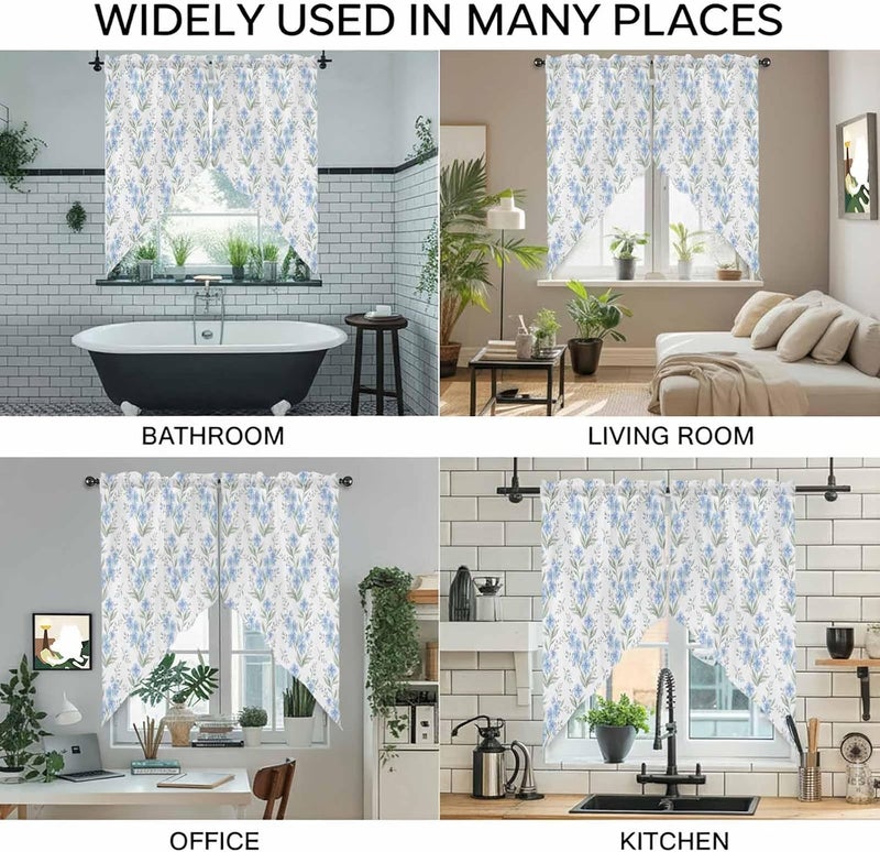 Watercolor Floral Swag Valances Kitchen Curtains 36 Inches Length, Tier Drapes Swag Topper, Blue Flowers Leaves Botanical Spring Short Window Treatments for Doorway Bathroom 2 Panels 36"x36" - Image 4