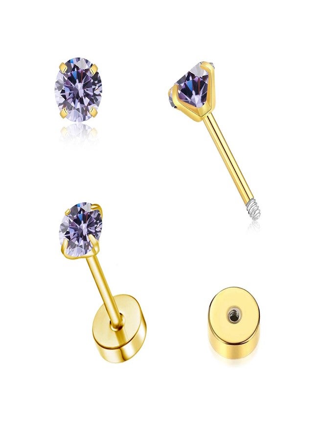 VDKIDKT Tiny CZ Screw Flat Back Stud Earrings for Women Men, Hypoallergenic Small Flat Back Stud for Helix Cartilage Tragus Earlobe Piercing Jewelry (Gold 4mm, Alexandrite CZ) - Image 1