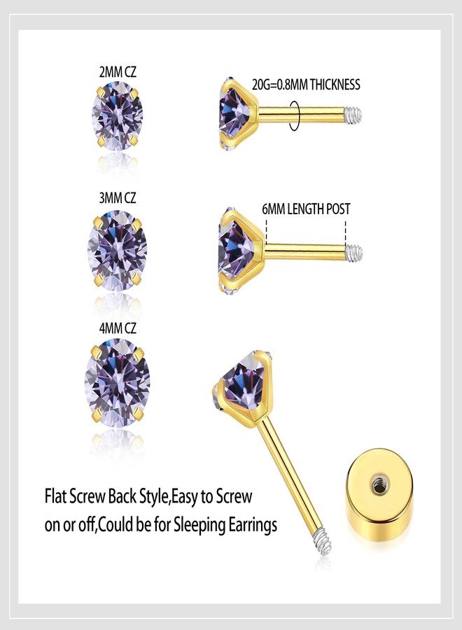 VDKIDKT Tiny CZ Screw Flat Back Stud Earrings for Women Men, Hypoallergenic Small Flat Back Stud for Helix Cartilage Tragus Earlobe Piercing Jewelry (Gold 4mm, Alexandrite CZ) - Image 3