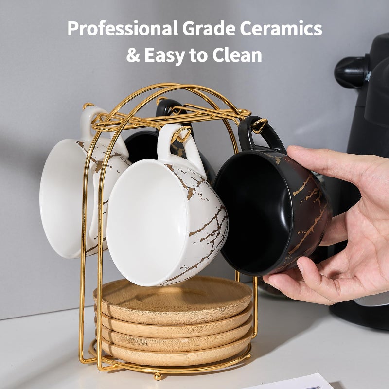 LUKA Ceramic Demitasse Espresso Cups Set with Saucers and Metal Stand, 8 oz Porcelain Stackable Cappuccino Cups Teacup For Tea, Espresso, Latte, Coffee, Cafe Mocha, Set of 4, White & Black - Image 5