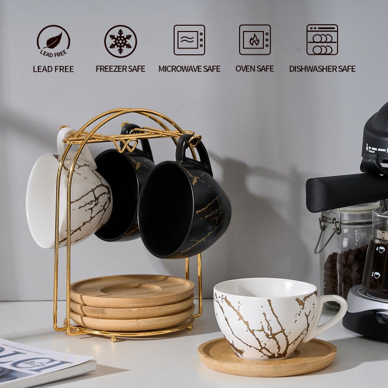 LUKA Ceramic Demitasse Espresso Cups Set with Saucers and Metal Stand, 8 oz Porcelain Stackable Cappuccino Cups Teacup For Tea, Espresso, Latte, Coffee, Cafe Mocha, Set of 4, White & Black - Image 4