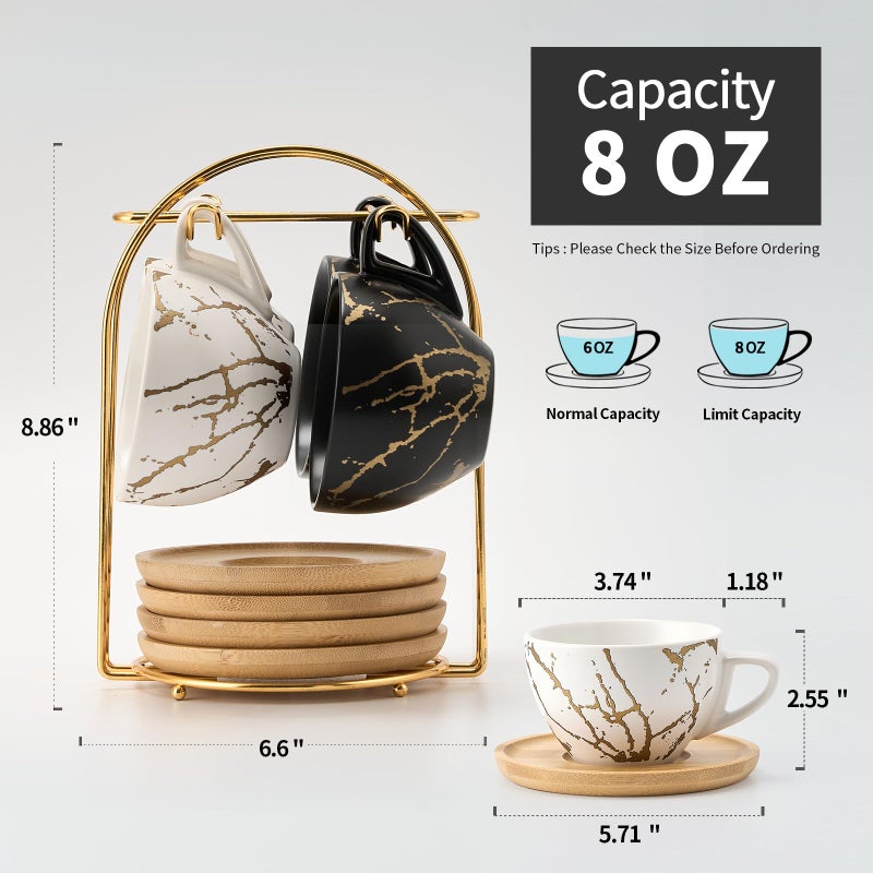 LUKA Ceramic Demitasse Espresso Cups Set with Saucers and Metal Stand, 8 oz Porcelain Stackable Cappuccino Cups Teacup For Tea, Espresso, Latte, Coffee, Cafe Mocha, Set of 4, White & Black - Image 3