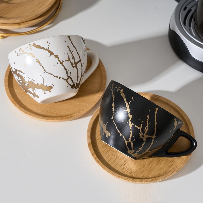 LUKA Ceramic Demitasse Espresso Cups Set with Saucers and Metal Stand, 8 oz Porcelain Stackable Cappuccino Cups Teacup For Tea, Espresso, Latte, Coffee, Cafe Mocha, Set of 4, White & Black - Image 2