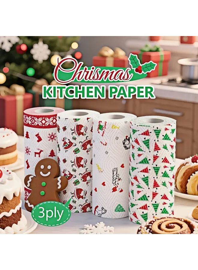 Christmas Kitchen Paper Towels 3 Layer Thick Disposable Washable Wet Dry Dual Purpose Non Stick Oil Cleaning Cloth Festive Season Prints Roll - Image 1