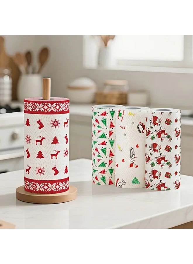 Christmas Kitchen Paper Towels 3 Layer Thick Disposable Washable Wet Dry Dual Purpose Non Stick Oil Cleaning Cloth Festive Season Prints Roll - Image 2
