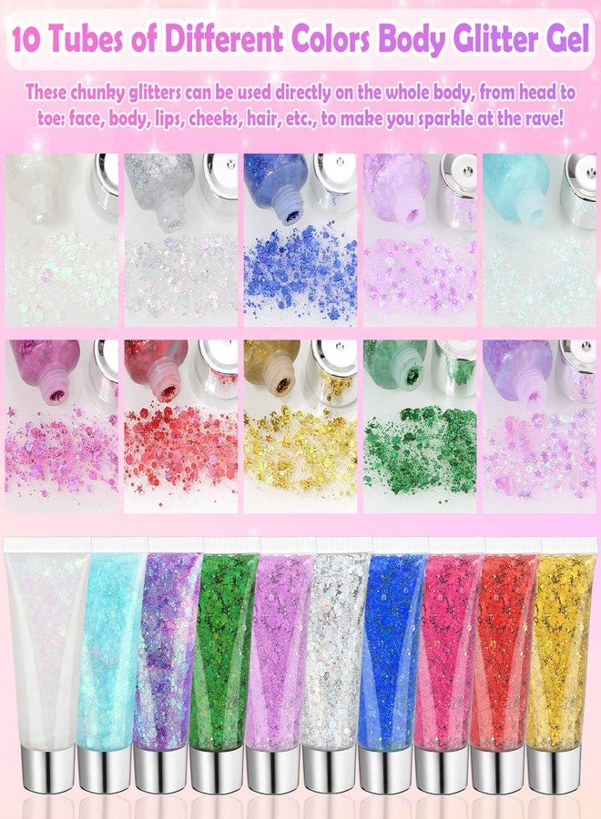 Flasoo 10 Colors Body Face Glitter Gel for Skin and Hair, Makeup Sparkles Rave Accessories for Festival Outfits, Mermaid Decorations, Disco Cowgirl, Mardi Gras - Image 2
