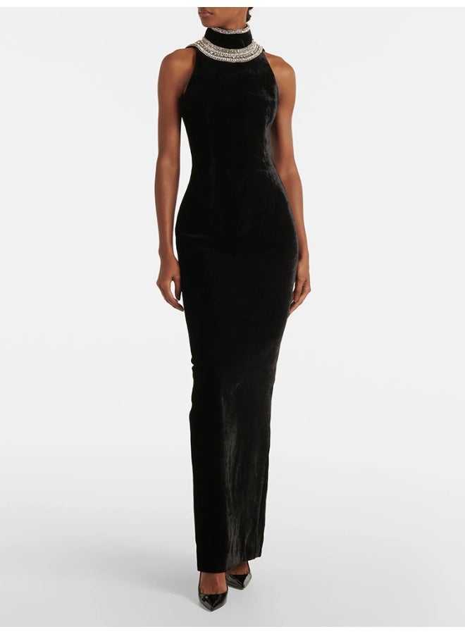 Madam Uniq Embellished Velvet Column Dress - Image 1