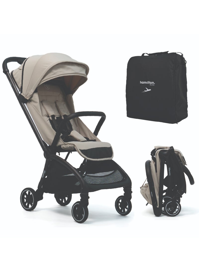 Hamilton by Yoop Traveller Basic Baby Stroller, MagicFold 2.0 Automatic Fold, Lightweight 7.5 kg Travel Stroller, UPF 50+ Sun Canopy, High Backrest, Rear Ventilation Mesh, Travel Bag Included, Khaki - Image 1