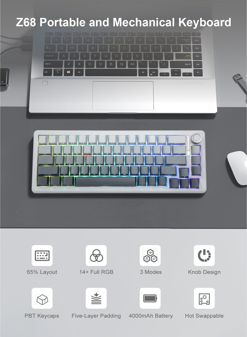 E-YOOSO Z-68 Tri-Mode Wireless RGB Gaming Keyboard, 67 Keys, Hot-Swap, PBT Compact Mechanical Keyboard, Dedicated Knob Control, 5-Layer Noise Dampening, Gradient Grey (Silverwood Switch) - Image 2