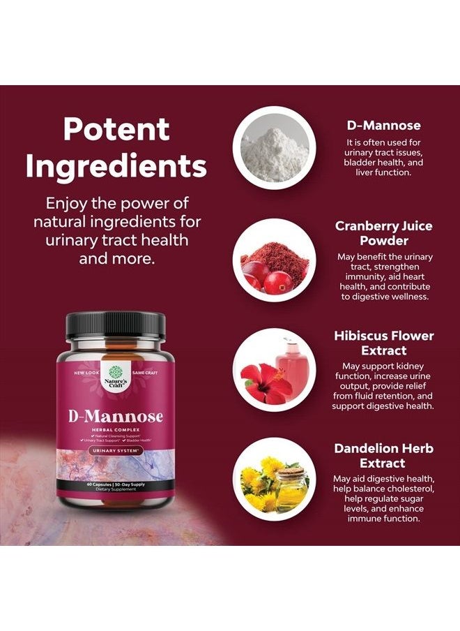 Natures Craft - D Mannose with Cranberry Extract Capsules - D Mannose Capsules for Kidney Cleanse Liver Support and Urinary Tract Health for Women - D-Mannose 1000mg Capsules with Hibiscus and Dandelion 60 Count - Image 1