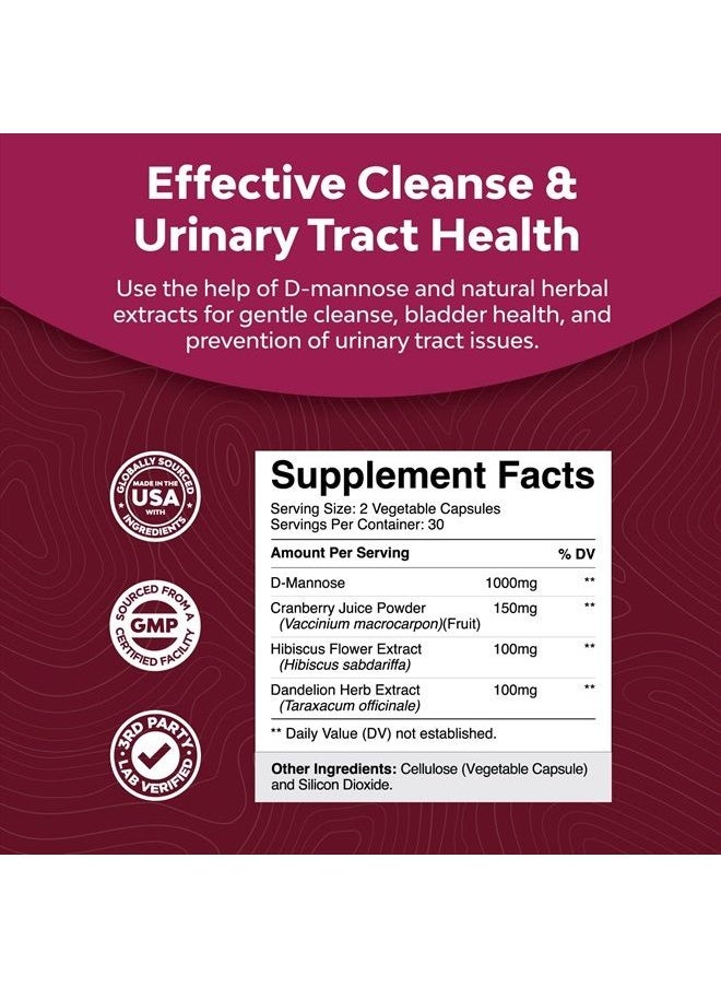 Natures Craft - D Mannose with Cranberry Extract Capsules - D Mannose Capsules for Kidney Cleanse Liver Support and Urinary Tract Health for Women - D-Mannose 1000mg Capsules with Hibiscus and Dandelion 60 Count - Image 1