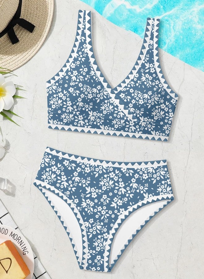 KANGKANG Girls Swimsuit Bikini Set Solid Color V-Neck Two Piece Bathing Suit with Chest Pad Adjustable Straps Swimwear 7-16T, Blue Floral, 15-16 Years - Image 4