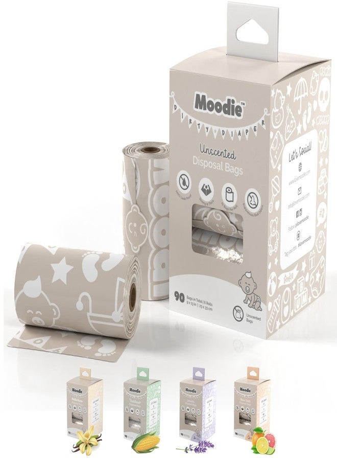 moodie Disposable Diaper Bags (90 BAGS in TOTAL) | NON-SCENTED Dirty Diaper Disposal Baggies (6 Refill Rolls 9 x 13in) | Leak Proof Nappy Trash Bags on the Go | Baby Poop Bags | Travel Diaper Bags Refill - Image 1