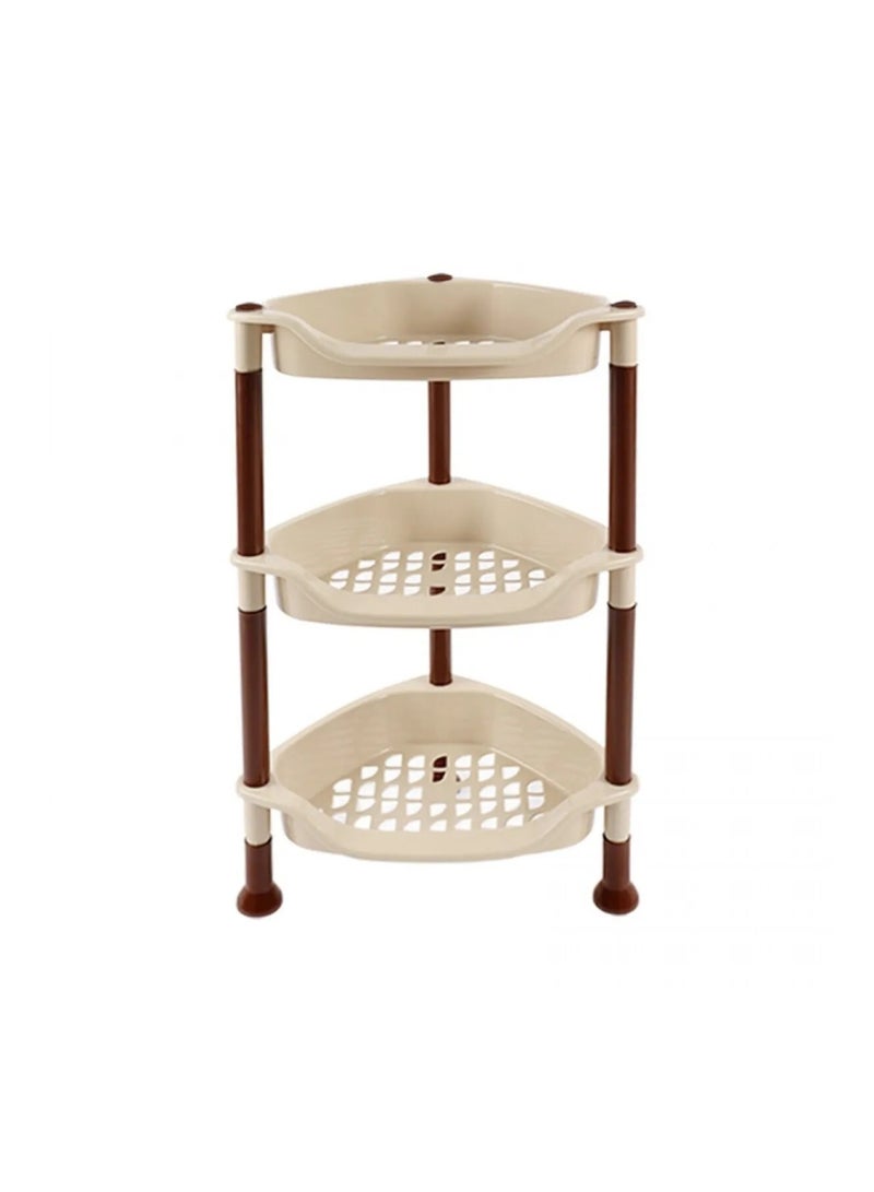 Living 3-Tier Corner Plastic Storage Rack – Beige Shelves with Brown Frame – Compact Multi-Use Organizer  - Image 3
