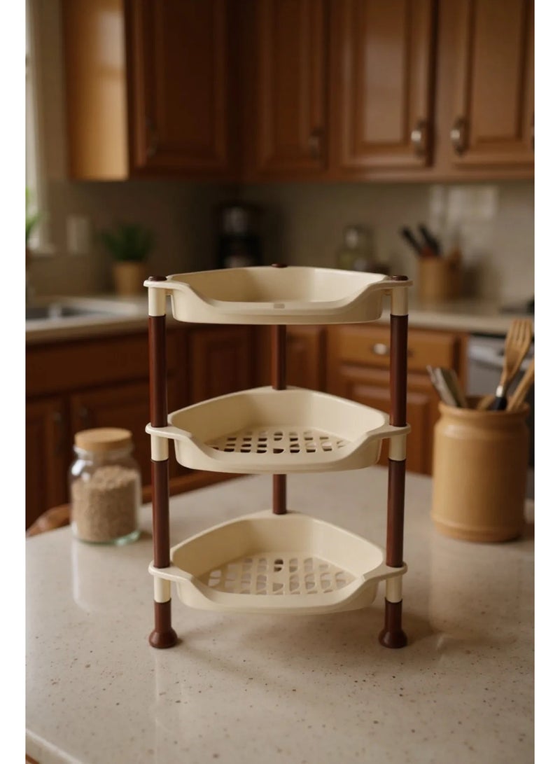 Living 3-Tier Corner Plastic Storage Rack – Beige Shelves with Brown Frame – Compact Multi-Use Organizer  - Image 2