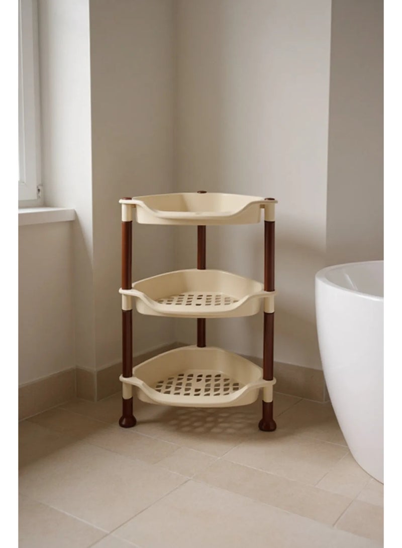 Living 3-Tier Corner Plastic Storage Rack – Beige Shelves with Brown Frame – Compact Multi-Use Organizer  - Image 1