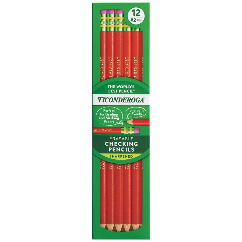 Ticonderoga Erasable Checking Wood-Cased Pencils, Pre-Sharpened, Red, 12 Count - Image 1