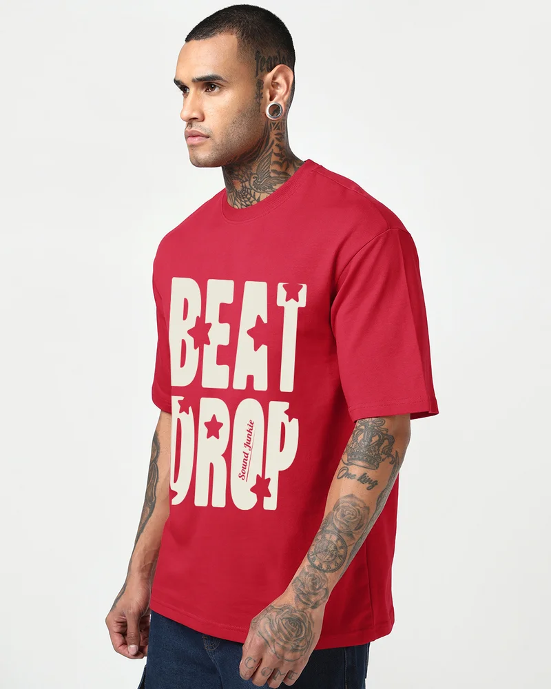 بيواكوف Men's Bold Red Beat Drop Typography Oversized T-shirt