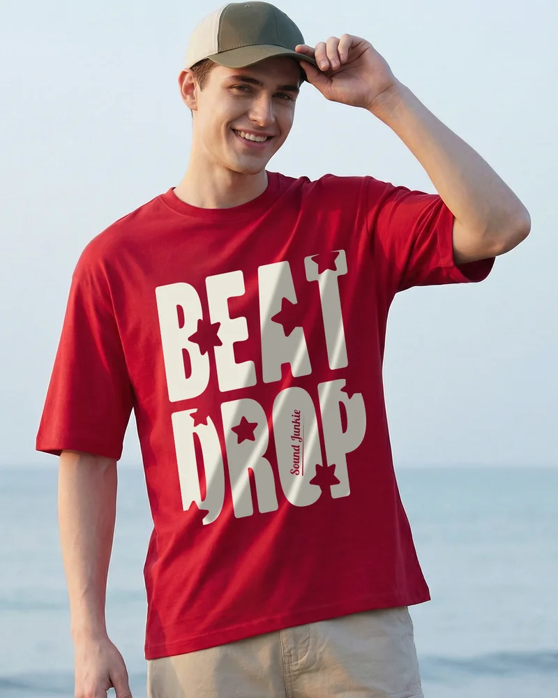 بيواكوف Men's Bold Red Beat Drop Typography Oversized T-shirt