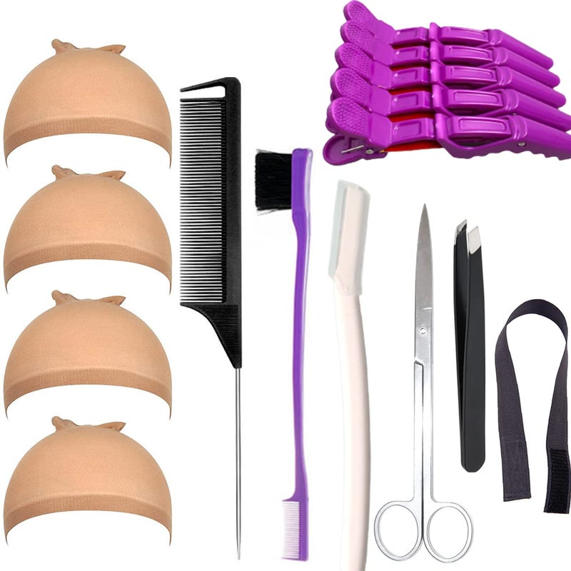Miaubaa Wig Kit for Lace Front Wigs for Beginners 7Pcs, Lace Melting Elastic Band for Wigs, Edge Laying Scarf with Wig Caps, Eyebrow Razors, Tweezers, Edge Brush, Wig Grip Headband, Mini Scissors - Image 1