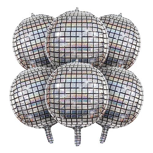 MDOZQ 6 PCS Disco Ball Balloons Silver Disco Mylar Foil Balloons 22 Inch Huge 4D Round Metallic Sphere Disco Party Balloons for 70s 80s 90s Party Decorations Birthday Bachelorette Party Graduation - Image 1