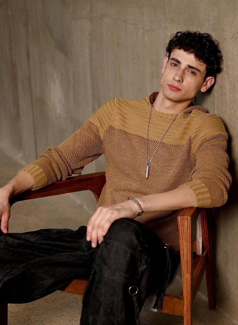 كامبوس سوترا Campus Sutra Men's Ash Brown Hive-Jacquard Knit Hooded Sweater | Hooded Neck , Ribbed Cuff Sleeves , Pull On Closure , Ribbed-Straight Hem | Solid Jacquard For Casual & Daily Wear