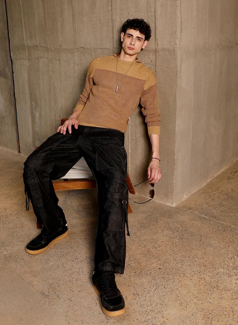 Campus Sutra Campus Sutra Men's Ash Brown Hive-Jacquard Knit Hooded Sweater | Hooded Neck , Ribbed Cuff Sleeves , Pull On Closure , Ribbed-Straight Hem | Solid Jacquard For Casual & Daily Wear
