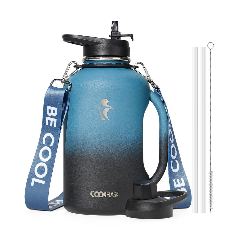 Coolflask 64 oz Water Bottle Insulated with Handle Half Gallon Water Jug With Strap Straw Stainless Steel DoubleWalled Vacuum Metal Large Flask Leakproof Keep Cold 48 Hrs Hot 24hrs Prussian Blue