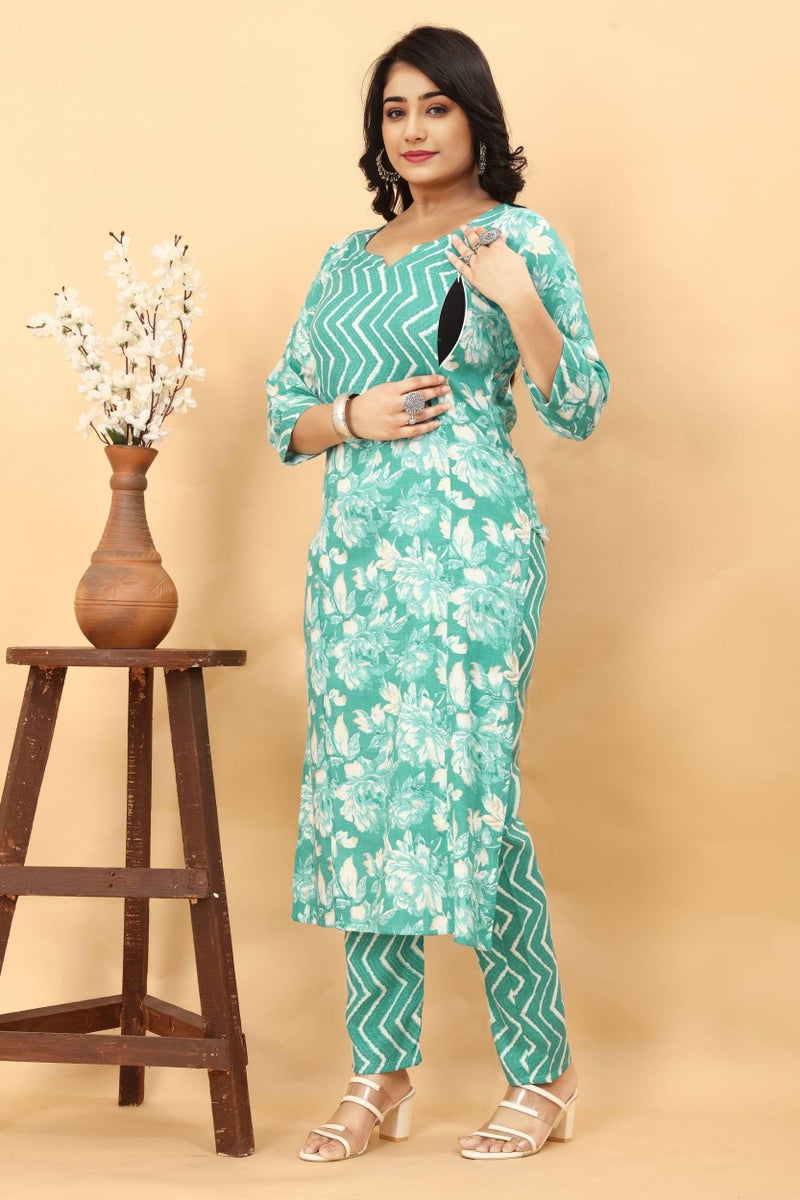 ASSUME FAB Women Maternity Kurta Set with Dupatta for Women | Nursing/Feeding Zip | Soft Rayon Ethnic Wear for Pregnancy & Postpartum(Large Rama - Image 5